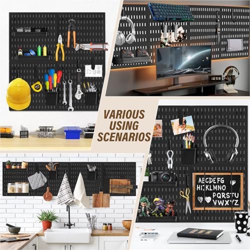 AKTOP Modular Plastic Peg Board Wall Organizer, 4 Pack, 12"x12", Black