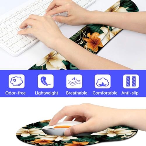 Keyboard Wrist Rest and Mouse Pad Wrist Support Set with Coaster,Ergonomic Mouse Pad,Comfortable for Easy Typing, Pain Relief,Memory Foam Keyboard Pad Set for Laptop Mac,White Brown Flowers