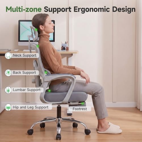 Ergonomic Office Chair with Footrest, 90-145° Reclining Mesh Desk Chair