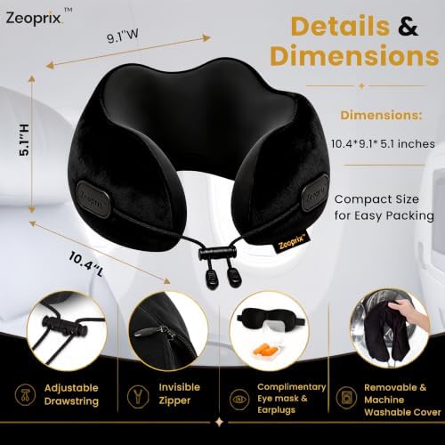 Memory Foam Travel Neck Pillow for Airplane, Neck Support, Black