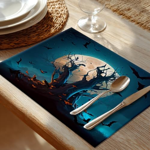 Shrahala Halloween Dark Forest Set of 6 12 X 18 Inch Linen Placemats, Spooky Bats Dark Night Burlap Table Mat Washable Double Layered Heat Insulation for Indoor