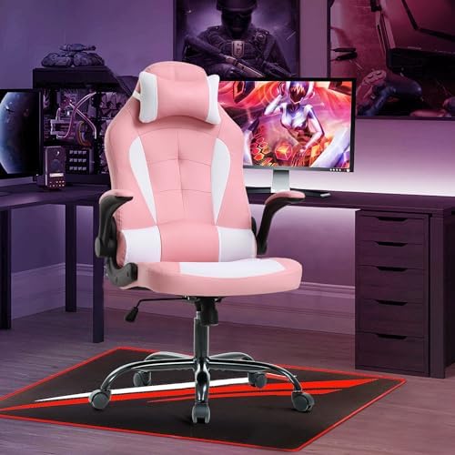 Office Gaming Chair, High Back PU Leather Racing Chair, Comfortable Big and Tall, Height Adjustable Heavy Duty With Headrest & Lumbar Support (Pink)