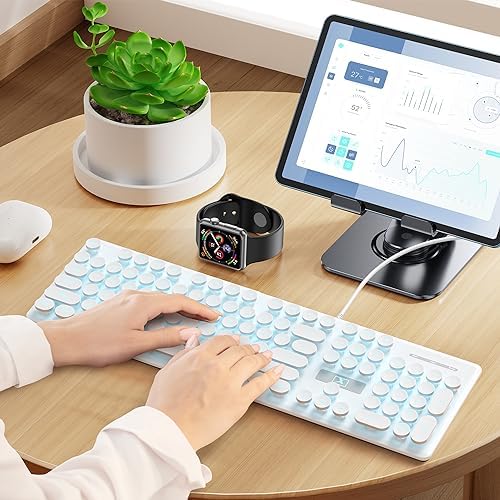 surmen Cute Quiet Keyboard Wired Typewriter Keyboard, Light Up Backlit PC Keyboards with Retro Round Keys Full Size 104 Keys for Office Computer (White)