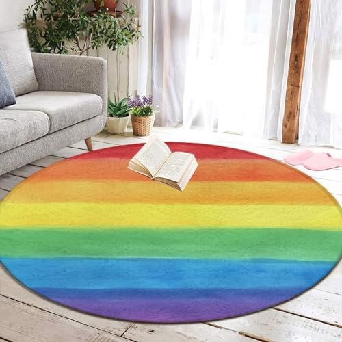 Men's Large Home Decor Mat, Soft Round Yoga Carpet, Non Slip Machine Washable Home Office Circle Rug Rainbow Pride Pattern