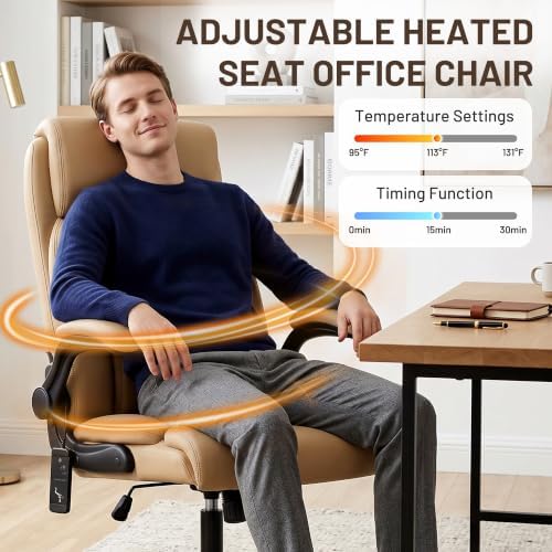 Heated Office Chair, Reclining Desk Chair with Constant Warm Heat, Big and Tall Executive PU Leather Chairs for Heavy People, Ergonomic Wider & Thicker Seat Cushion Gaming Chairs (Khaki)