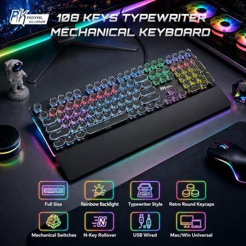 RK ROYAL KLUDGE S108 Typewriter Mechanical Keyboard, Wired Gaming Keyboard with Number Pad, Full Size Retro Keyboards w/Detachable Wrist Rest for Mac/Win/PC, Clicky Blue Switch, Rainbow Backlit Black