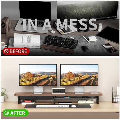 AFOOYO Large Dual Monitor Stand For Desk,43 Inch Desktop Computer Riser with Metal Drawer Desk Shelf Organizer For Computer/Laptop/PC/Printer/TV