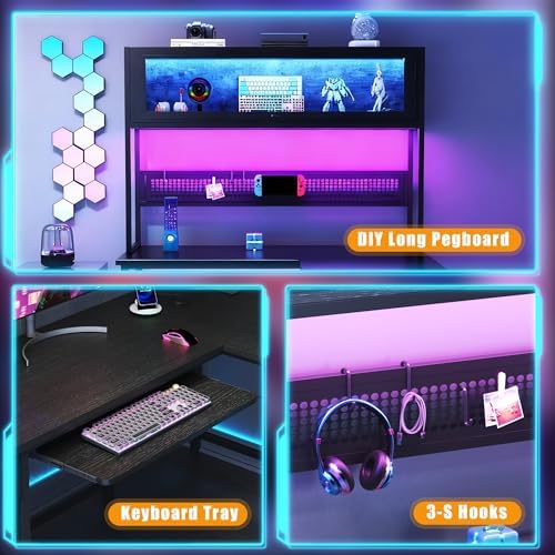L Shaped Gaming Desk with Power Outlets & LED Lights, 49'' Reversible Computer Desk with Hutch & Pegboard & Display Cabinet, Corner Home Office Desk with Drawer & Keyboard Tray & Storage Bag, Black