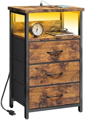 Fixwal Night Stand with 3 Fabric Drawers, Nightstand with Charging Station