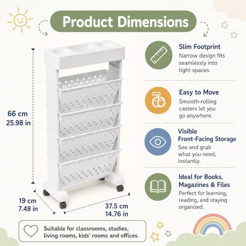 5-Tier Rolling Bookshelf Cart with Wheels, White