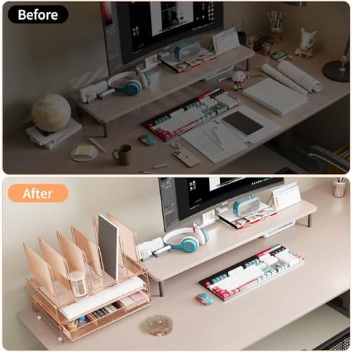 LEKETREE Rose Gold Desk Organizer, Office Organization with Vertical File Holder, File Organizer with Drawer and Office Supplies, Desk Accessories and Workspace Organizers (Rose Gold)