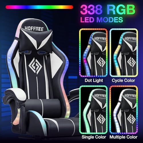 RGB Gaming Chair with Bluetooth Speakers LED Lights Computer Chair-White