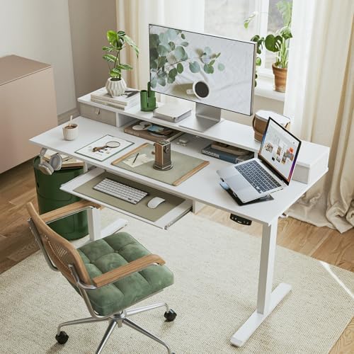 Agilestic 55 Inch Standing Desk with Drawers & Keyboard Tray, White