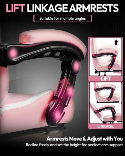 Dowinx Ergonomic Gaming Chair with Footrest & Massage Lumbar, 2D-Linkage Armrests for Computer Chair 330lbs with Headrest Pillow for Office, Home, Streaming and Long Gaming Sessions, Bright Pink