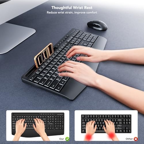 KYSONA Wireless Keyboard and Mouse Combo, Full Sized Cordless Keyboard with Wrist Rest, Phone Holder, 2.4G 3 DPI Adjustable Optical Mice Keyboard for Computer/Laptop/PC/MAC/Windows, Black