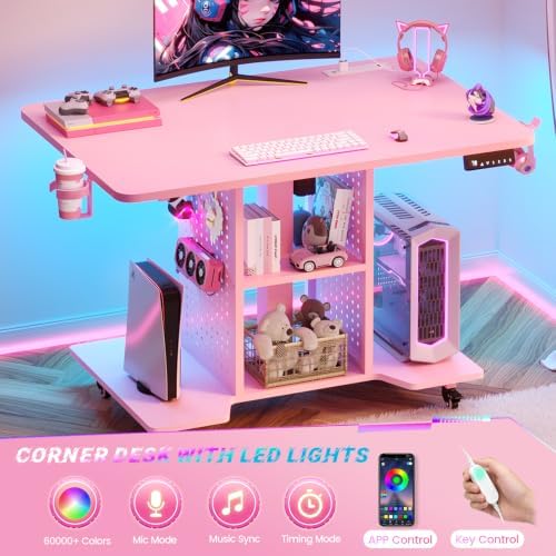 SEDETA Small Standing Gaming Desk, 31.5" Rolling Computer PC Desk Electric Height Adjustable with Power Outlet, Pegboard & Storage Shelves, LED Light, for Small Spaces/Bedroom/Gaming/Girl Room, Pink