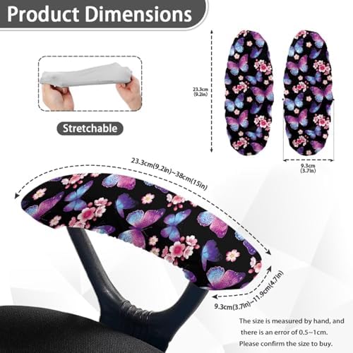 Office Chair Armrest Slipcovers Covers 2Pcs/Set Butterfly Cherry Blossom Print Soft Stretchy Computer Chair Arm Rest Cover Universal Fits Rotating Desk Gaming Chairs, Home Decor