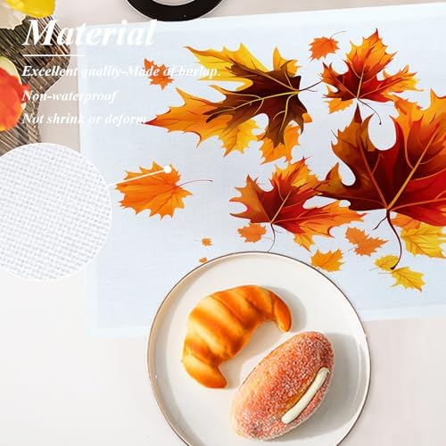 Shrahala Autumn Maple Leaves Placemats, Orange Fall Red Leaves Table Mat Linen Burlap Washable Double-Deck Heat Insulation for Dining Table Kitchen Table Set of 4 (12 x 18 inch)