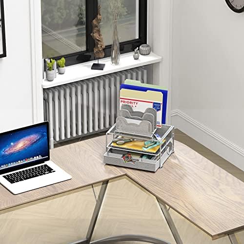 Simple Houseware Mesh Desk Organizer with Sliding Drawer, Silver