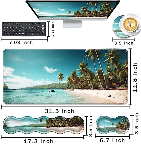 Keyboard Wrist Rest and Mouse Pad with Wrist Support Set Ergonomic Coaster,Memory Foam,Easy Typing Pain Relief,Large XL Desk Mat 31.5"x 11.8",Beach and Coconut Trees Design