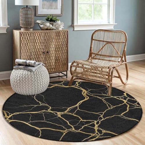Circular Rugs Large Modern Round Area Rug Fashion Decor Mat for Home Office Black Marble Gold Texture Art, 60inch