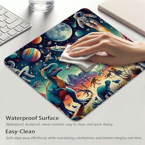 Outer Space Mouse Pad, Surreal Rocket Dinosaur Planet Astronaut Desk Mat