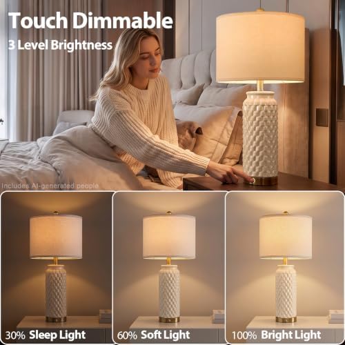 USumkky 25'' Touch Table Lamps for Nightstand Beige Ceramic -3 Way Dimmable