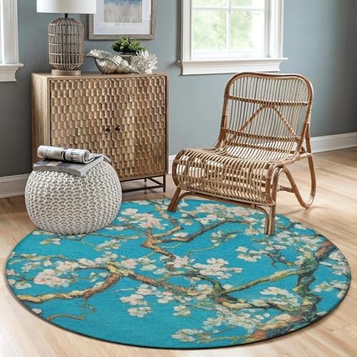 Machine Washable Modern Round Area Rug, Room Sofa Yoga Soft Round Carpet, Home Decor Non Slip Kitchen Office Circle Rug Beautiful Apricot Flower Blossom Art, 24inch