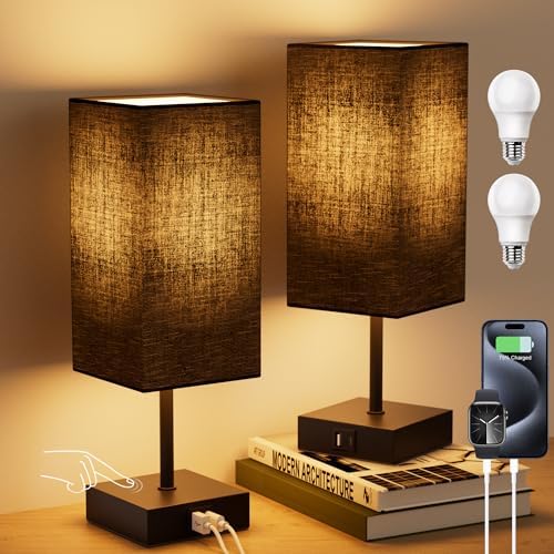 Touch Bedside Table Lamp for Bedroom, 14-Inch, Black, Set of 2