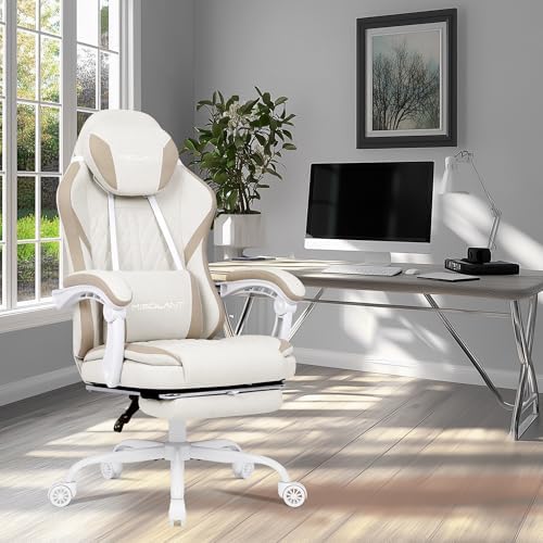 Misolant Gaming Chair, Fabric Gamer Chair with footrest for Adults, High Back Ergonomic Computer Game Chair with Adjustable Headrest and Massage Lumbar Support, 90-155° Recline Free, Beige