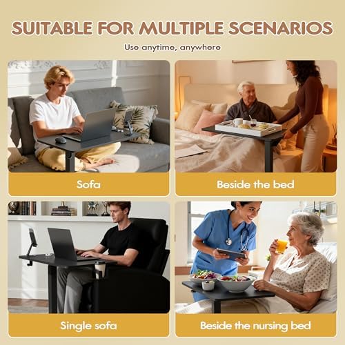 Furmax Mobile Standing Desk with Wheels, Pneumatic Adjustable Rolling Computer Desk Laptop Table for Bed, Couch (Black, Small)