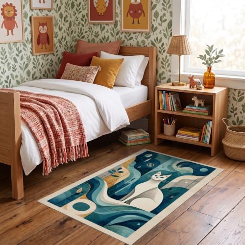 3'x5' Teal Blue Cat Boho Abstract Design Ultra-Soft Throw Mat
