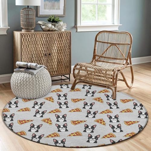 Circular Rugs Large Modern Round Area Rug Fashion Decor Mat for Home Office Grey Boston Terrier Dog Pizza, 60inch