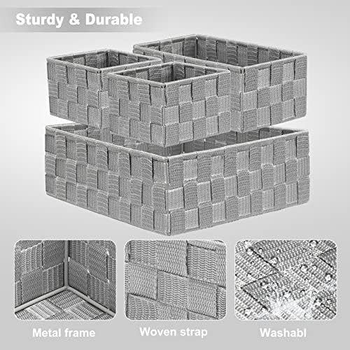 Posprica Drawer Organizer Bins,Woven Strap Storage Box Cube Basket Containers Divider for Organizing drawers, Shelves, Closets, Cabinets, Dressers and Countertops,set of 4, Light Grey