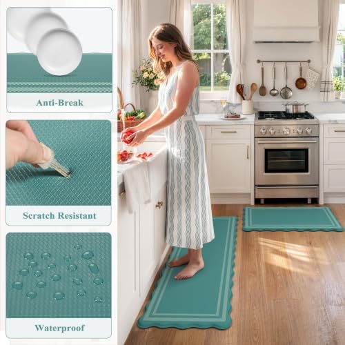 KIMODE Anti Fatigue Kitchen Mats,Teal Scalloped Rugs for Kitchen Floor