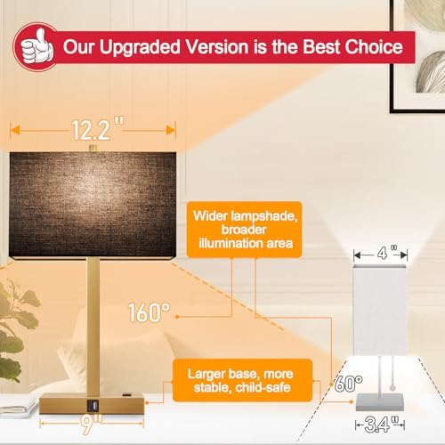 Lynnoland 21" Set of 2 Bedside lamp with USB A+C & AC Outlets, Touch Control 3-Way Dimmable Nightstand Lamps for Bedroom Living Room Office Reading, Black Shade Touch Lamps, 3000K LED Bulbs Included