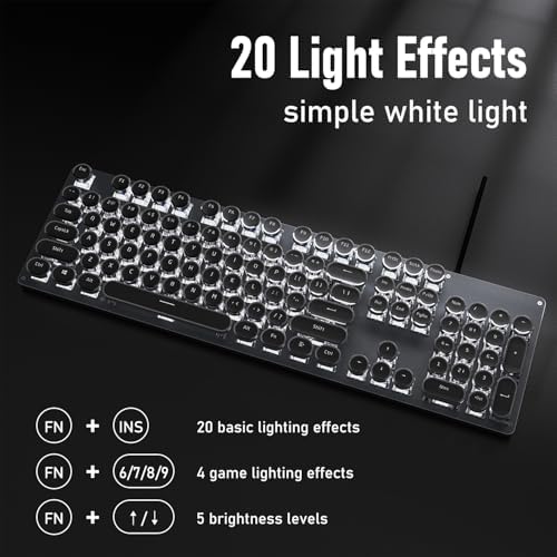 Wired Typewriter Style Mechanical Gaming Keyboard with White Backlit-Black
