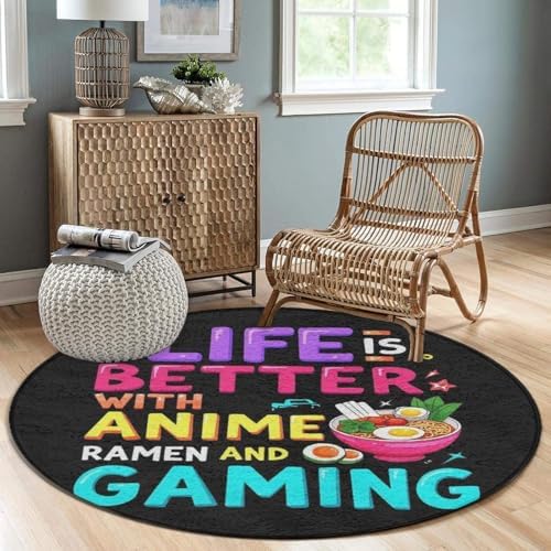 Women's Large Home Decor Mat, Soft Round Yoga Carpet, Non Slip Machine Washable Home Office Circle Rug Life is Better with Anime Ramen Gaming