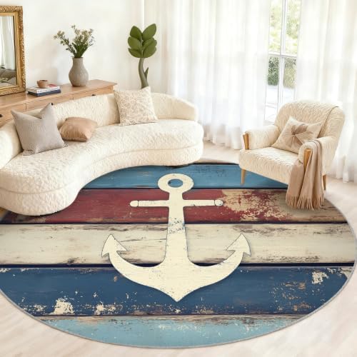 Nautical Round Rug - 6ft Washable Navigational Anchor Round Area Rug for Living Room, Ocean Theme Circle Rugs Soft Non-Slip Carpet for Bedroom Dining Table Decor Mat