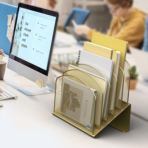 Delifox Inclined Desk File Organizer,Vertical File Folder Holder Stand Metal Rack File Sorter for Office Classroom Desktop Organization (1, Gold, 5)