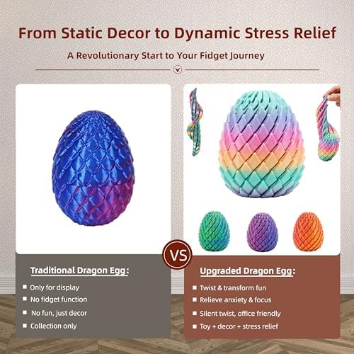 3D Printed Fidget Toy, Twisty Dragon Eggs, Spiral Slippery Egg Fidget Toy, Stress Relief Sensory Desk Toy for Adults and ADHD, Rotating Focus Anxiety Relief Pocket Toy (Rainbow)