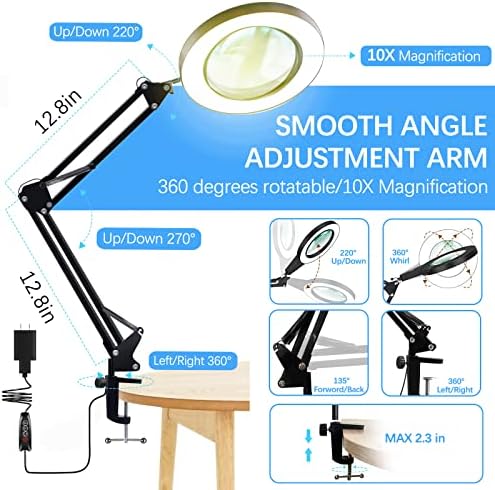 10X Magnifying Glass with Light, Adjustable Swing Arm 72 LEDs Real Glass Lens Magnifying Lamp, 3 Color Modes 10 Stepless Dimmable, Lighted Magnifier for Daily Reading Hobbies Crafts Workbench (Black)