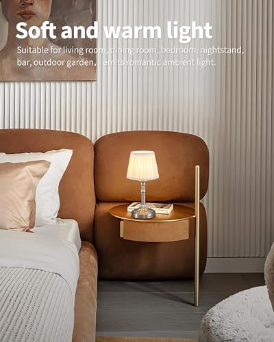 KDG Nickel Cordless Table Lamps Set of 2, Beige Fabric Shade Desk Lamp