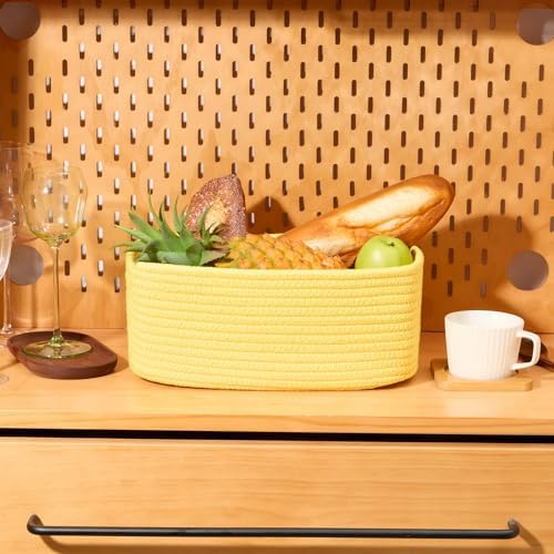 MiniArk Small Storage Baskets for Organizing | Closet Organizer Bins | Shelf Toy Basket | Woven Rope Baskets | Cube Decorative Box | Shallow Basket | 13x8.5x5.1” | 4 Packs Yellow