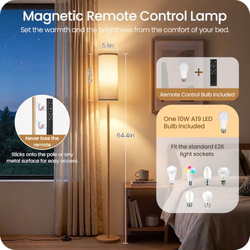 Wooden Textured Tall Slim Floor Lamp for Living Room with Remote and Foot Switch, Dimmable Mood Lamp for Bedroom Nursery, 3 Color Temperatures, 1-Hour Timer, 900LM LED Bulb Included, White XW06LD05W1