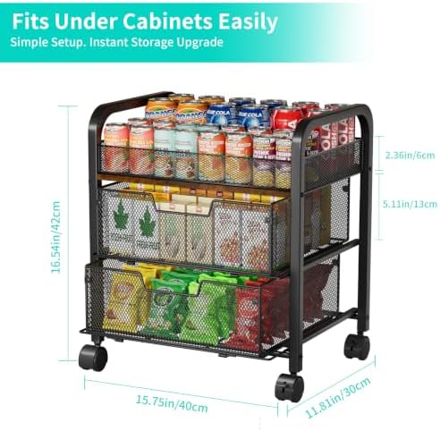 HapiRm 3 Tier Rolling Pantry Organizer Cart- Snack Storage Cart with Wheels