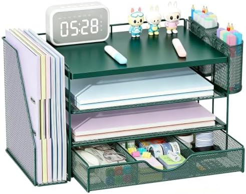 gianotter Desk Organizers and Accessories with File Holder, 4-Tier Desk Accessories & Workspace Organizers with Drawer and 2 Pen Holder, Desk Reference Organizer (Green, 4T with Metal Drawer)