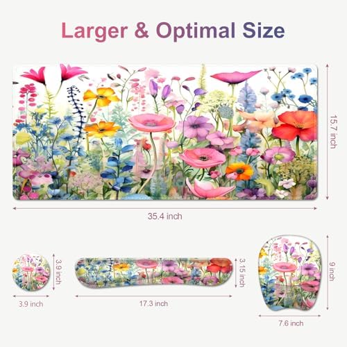 Large Mouse Pad with Wrist Support 4in1 Set, XXL Game Mousepad +Keyboard Wrist Rest+Mouse Wrist Rest+Coaster Ergonomic Design Gaming Mat for Home Office Table Computer I Gorgeous Rose Plants