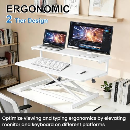 Stand Up Desk Riser, 37-Inch, Adjustable Height Stand Up Desk Converter Double Monitor and Laptop Riser Workstation for Workstation Computer Table Sitting, White