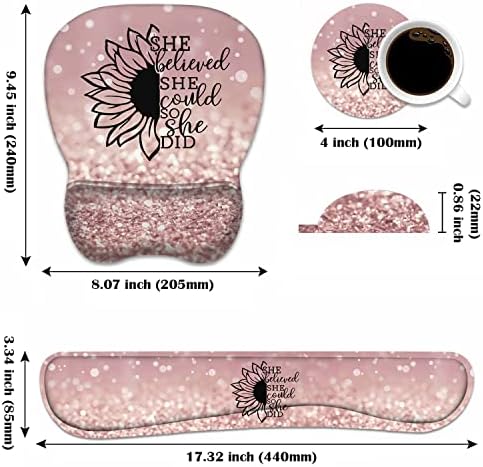 Mouse Pad Wrist Support and Keyboard Wrist Rest Set with Coasters, She Believed She Could So She Did Inspirational Quote with Non-Slip PU Base Ergonomic Mousepad for Home Office Working Studying